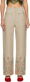 BODE BEIGE EMBROIDERED TRUMPETFLOWER MURPHY TROUSERS