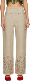Bode Embroidered Trumpetflower Linen Pants In Tan