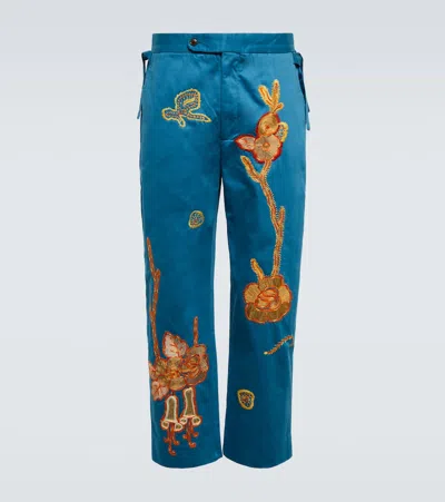 Bode Bell Flower Cotton Pants In Blue Multi