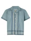 Bode Striped Cotton Bowling Shirt With Cuban Collar And Short Sleeves In Blue