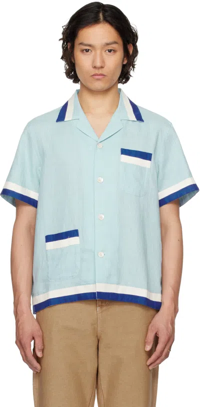 Bode Seedling Stripe Linen Camp Shirt In Blue