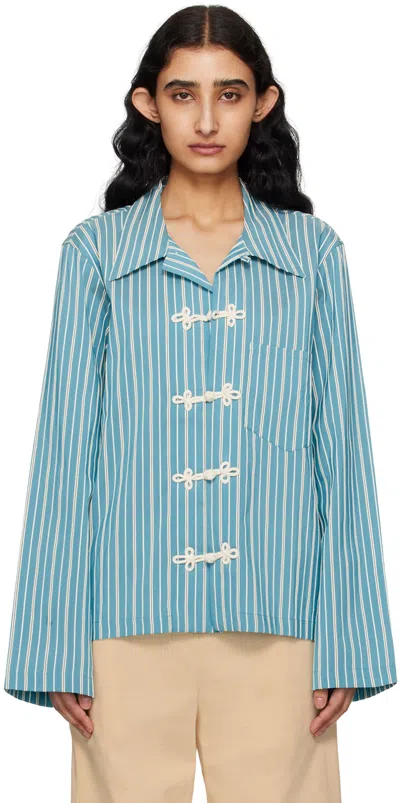 Bode Blue Shore Stripe Shirt In Wtblu White Blue