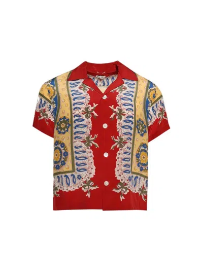 Bode Mens Bricolage Short-sleeve Silk Shirt In Red