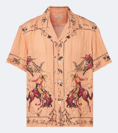 Bode Bronco Printed Silk Baseball Shirt In Orange Multi