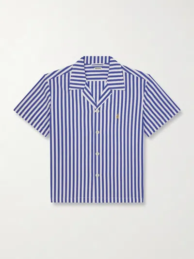 Bode Calliope Camp-collar Embroidered Striped Cotton-poplin Shirt In Blue