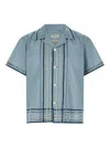 Bode Striped Cotton Bowling Shirt With Cuban Collar And Short Sleeves In Blue