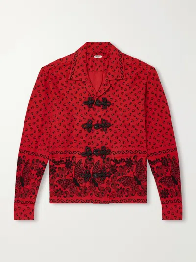 Bode Camp-collar Embellished Printed Cotton-poplin Shirt In Red