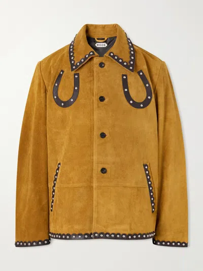 Bode Carson Studded Leather-trimmed Suede Jacket In Brown