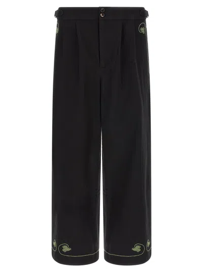 Bode Clover Embroidered Cotton Twill Trousers In Black