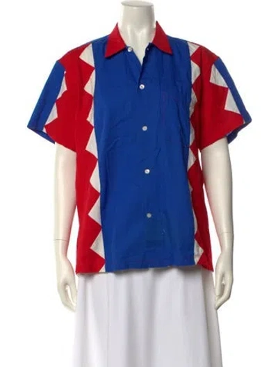 Pre-owned Bode Colorblock Pattern Short Sleeve Button-up Top In Blue