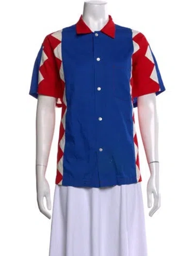 Pre-owned Bode Colorblock Pattern Short Sleeve Button-up Top In Blue