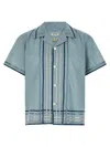 Bode Striped Cotton Bowling Shirt With Cuban Collar And Short Sleeves In Blue