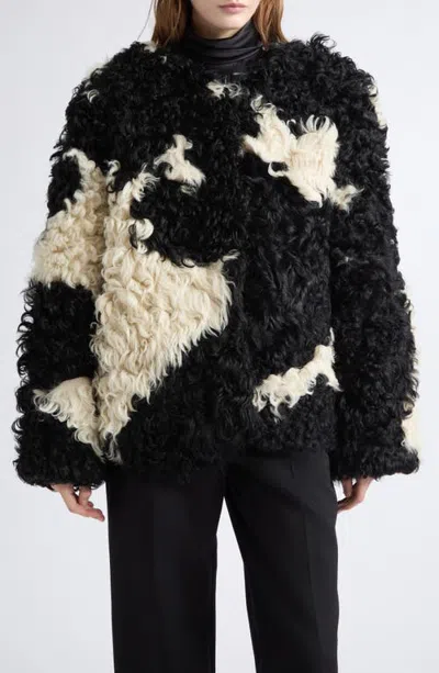 Bode Cow Print Genuine Shearling Jacket In Black