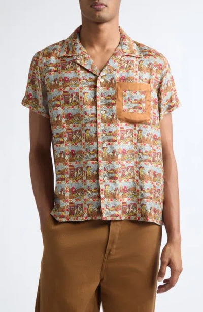 Bode Cowboy Comic Silk Camp Shirt In Brown