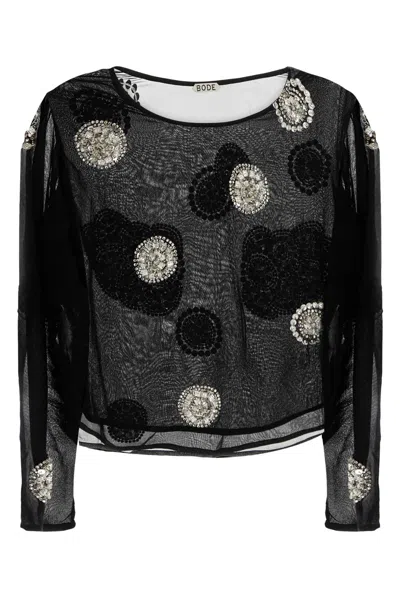 Bode Crepe Brooch Top With Silk Lining In Black