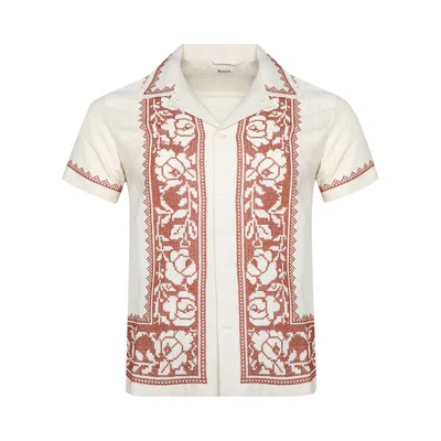 Pre-owned Bode Cross Stitched Rose Garland Short-sleeve Shirt 'brown/white' | Men's Size Xl