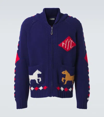 Bode Diamond Corral Wool Zip-up Cardigan In Blue Multi