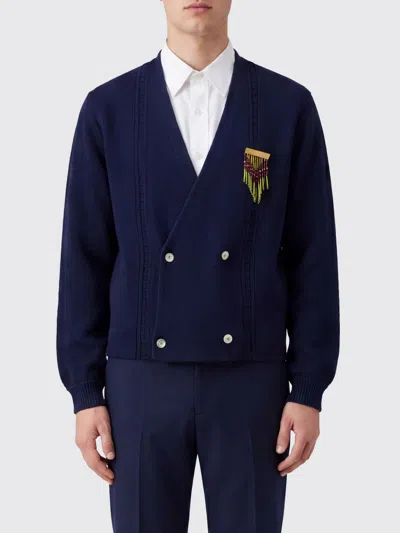Bode Double-breasted Cotton Cardigan With Long Sleeves And Brooch In Blue
