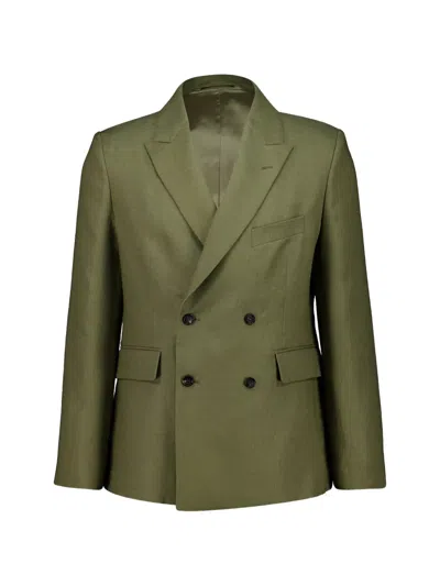 Bode Linen Double-breasted Blazer In Green