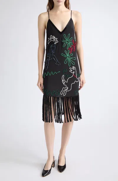 Bode Dream Pony Beaded Silk Slipdress In Black Multi
