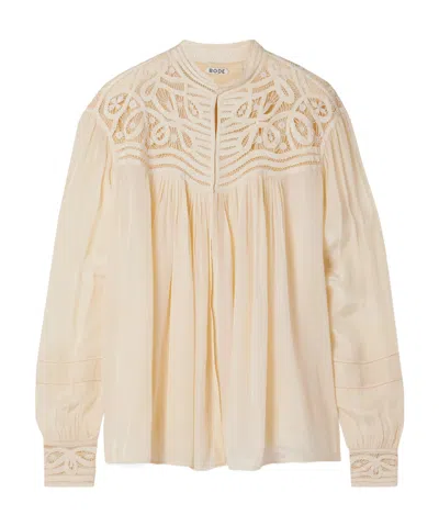 Bode Tippet Pleated Satin And Guipure Lace Blouse In Cream