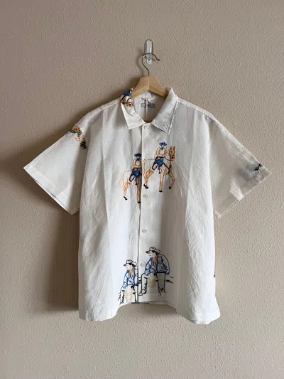 Pre-owned Bode Embroidered Buckaroo Ss Linen Shirt In White