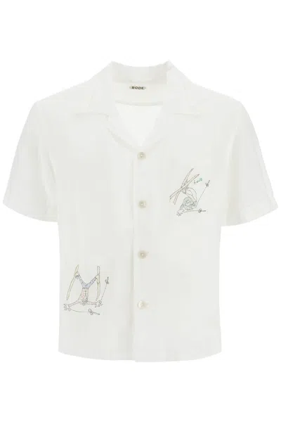 Bode Mens White Multi Skiers Graphic-embroidery Regular-fit Linen Shirt