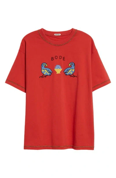 Bode Embroidered Parakeets Cotton Graphic T-shirt In Red