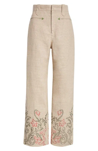 Bode Embroidered Trumpetflower Linen Trousers In Neutrals