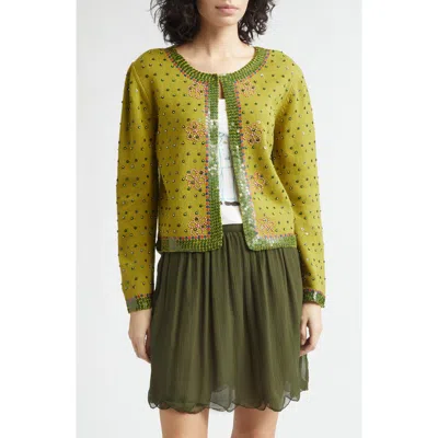 Bode Fairy Floss Cropped Embellished Wool And Cashmere-blend Cardigan In Green