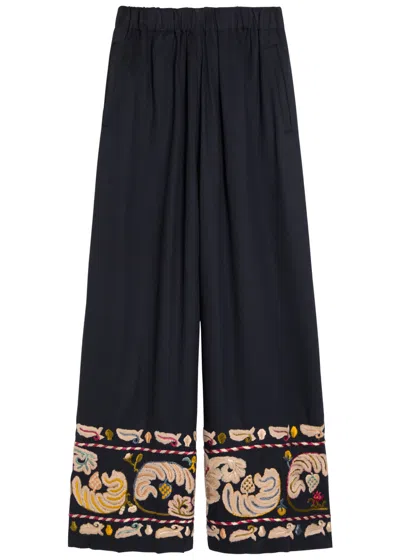 Bode Feather Runner Embroidered Cotton-blend Trousers In Black