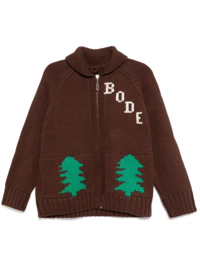 Bode Fir Shawl Collar Wool Zip Cardigan In Brown