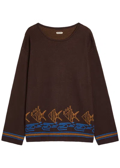 Bode Fish School Intarsia Cotton Jumper In Brown