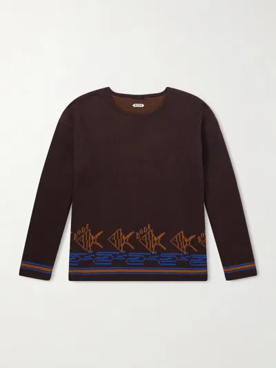 Bode Fish School All-over Graphic Print Cotton Sweater In Brown
