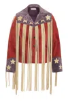 Bode Appliquéd Colour-block Fringed Suede Jacket In Red  White  & Blue
