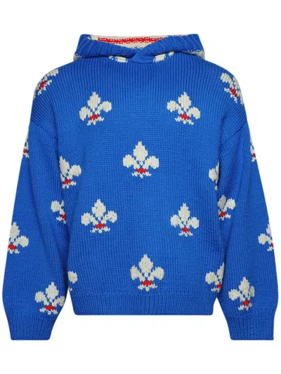 Bode Fleur-de-lis Knitted Hoodie In Blue