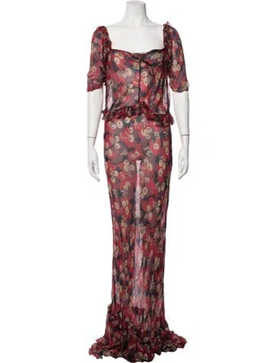 Pre-owned Bode Floral Print Long Dress In Red
