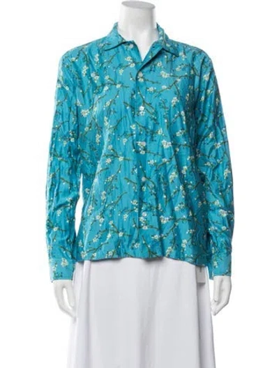 Pre-owned Bode Floral Print Long Sleeve Button-up Top In Blue