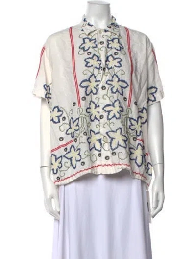 Pre-owned Bode Floral Print Short Sleeve Blouse In White