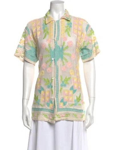 Pre-owned Bode Floral Print Short Sleeve Button-up Top In Neutrals