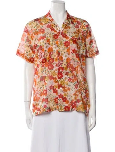 Pre-owned Bode Floral Print Short Sleeve Button-up Top In Orange