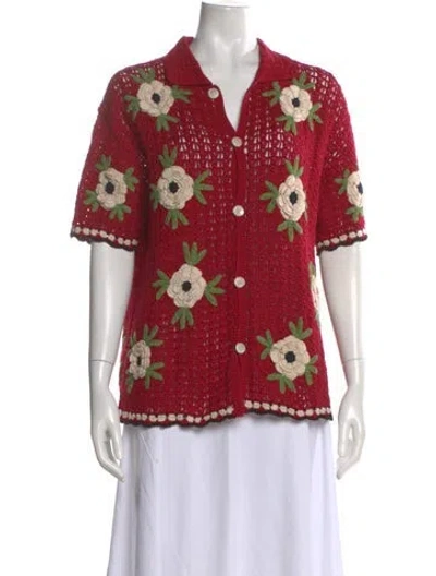 Pre-owned Bode Floral Print Short Sleeve Button-up Top In Red