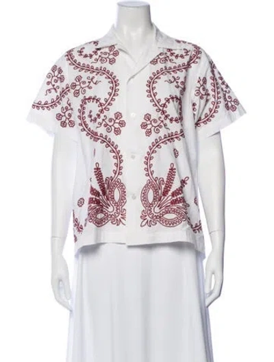 Pre-owned Bode Floral Print Short Sleeve Button-up Top In White