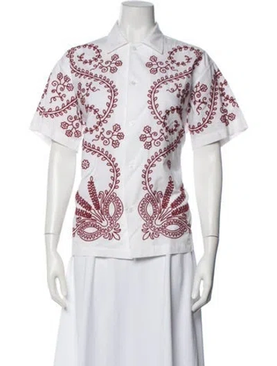 Pre-owned Bode Floral Print Short Sleeve Button-up Top In White