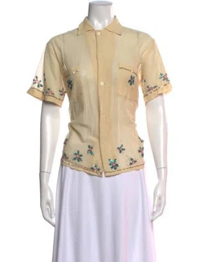Pre-owned Bode Floral Print Short Sleeve Button-up Top In Yellow
