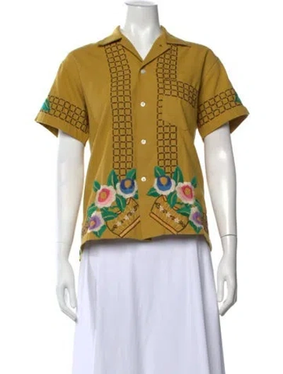 Pre-owned Bode Floral Print Short Sleeve Button-up Top In Yellow