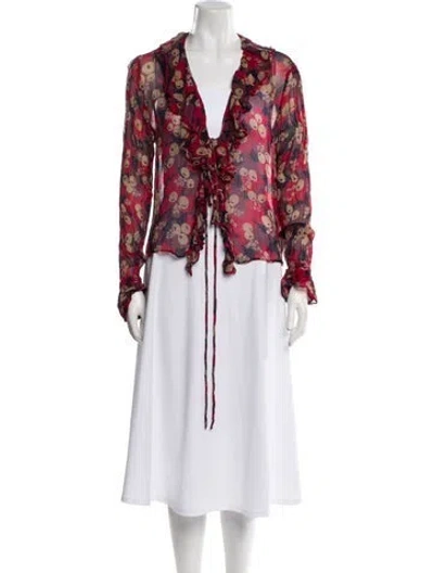 Pre-owned Bode Floral Print V-neck Blouse In Red