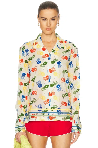 Bode Flower Stamp Long Sleeve Top In White Multi