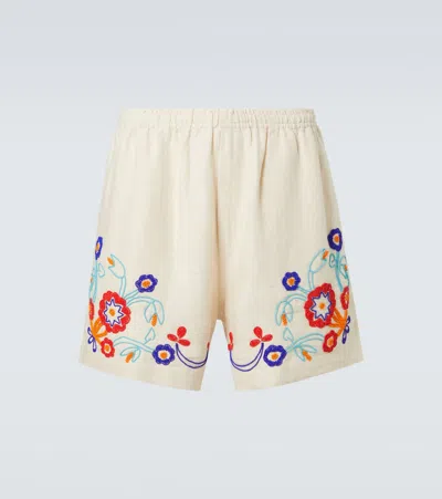 Bode Garden Party Beaded Linen Shorts In White