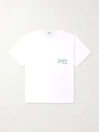 Bode Embroidered Logo Cotton T-shirt With Chest Patch Pocket In White
